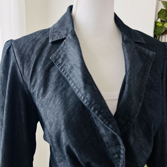 Apostrophe' Blue Stretchy Denim Single Jeweled Button Jacket - Size 12 - Picture 2 of 8